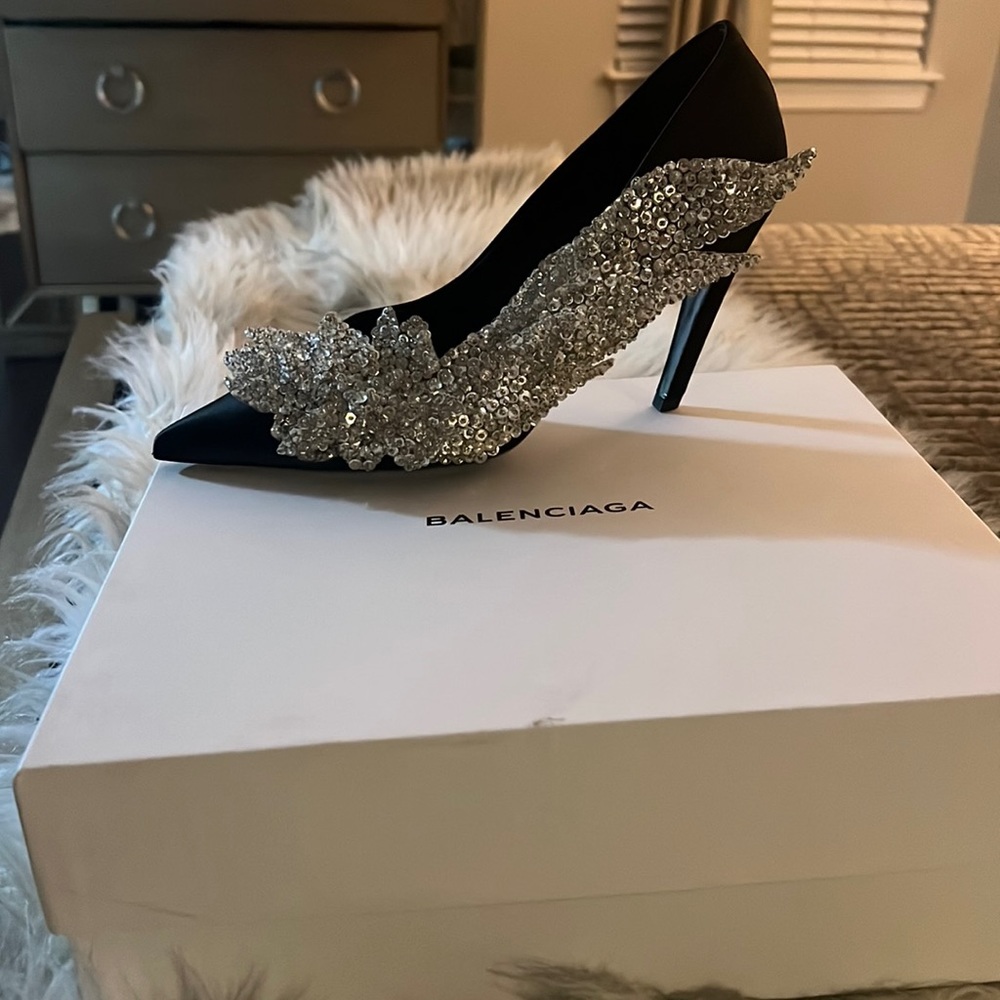 Balenciaga Talon Sequin Embellished Satin Pumps Black